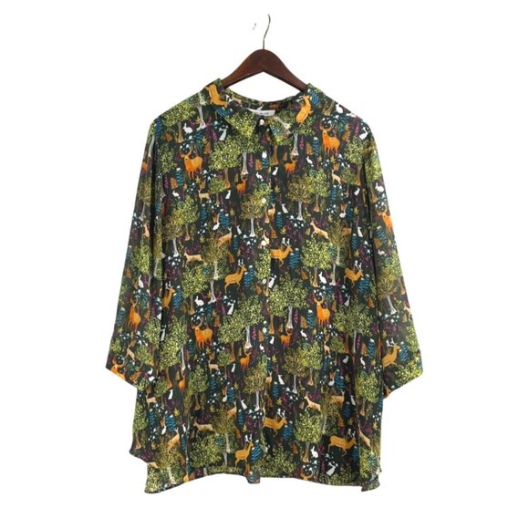 NWT Rose + Olive Womens Plus Size 3X Collared Tunic Forest Animal Print Fairy - Picture 1 of 8
